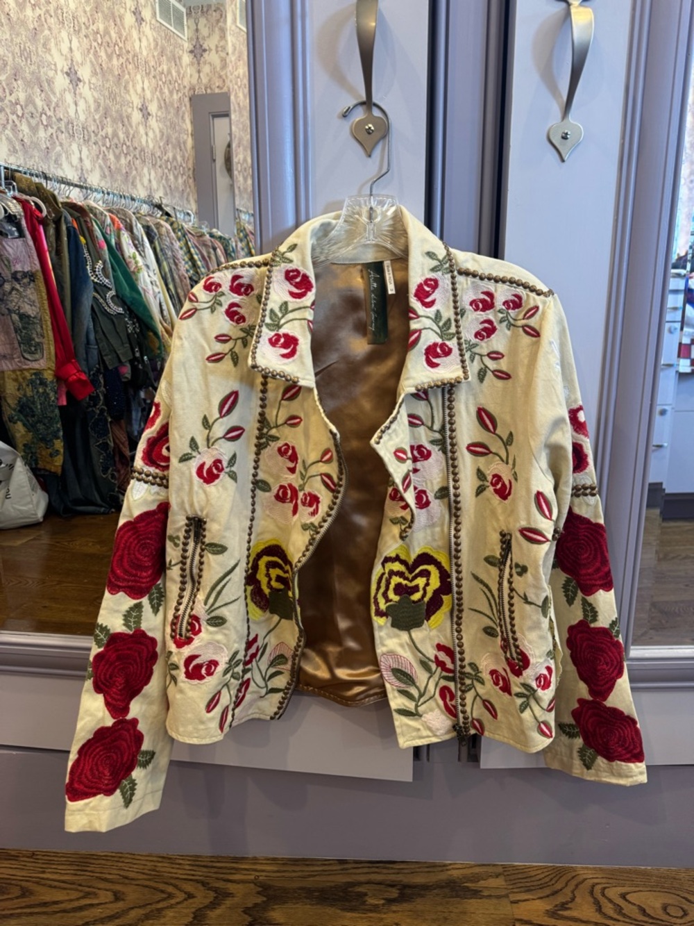 ARATTA Embroidered Cream Floral Jacket with Red Rose Accents